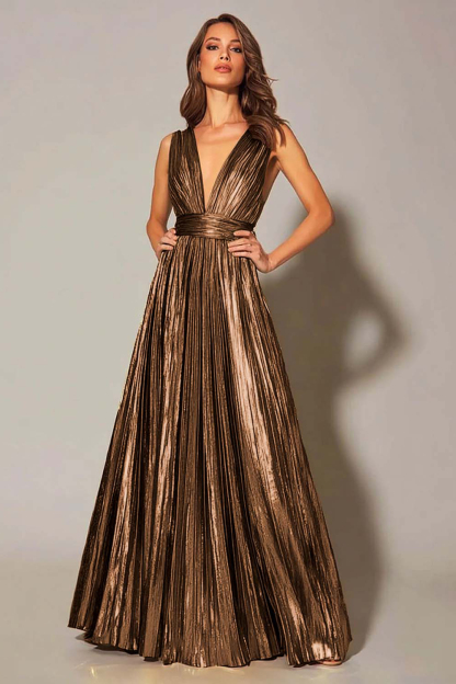 Gold Metallic Pleated V-Neck A-Line Long Formal Dress