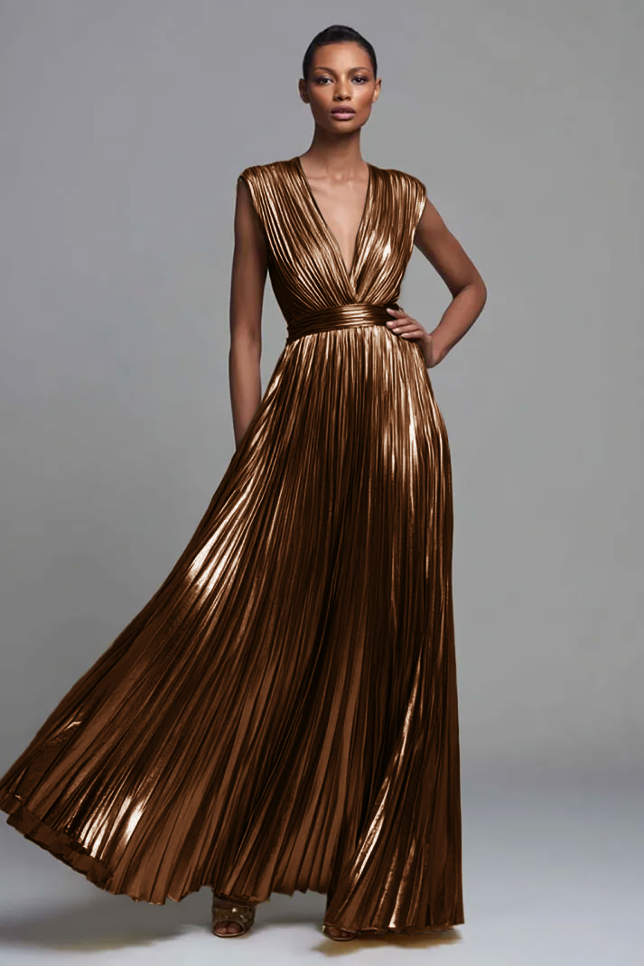 Gold V-Neck A Line Metallic High Waist Pleated Long Formal Dress