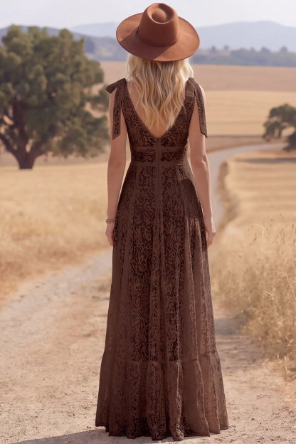 White Lace Bow Tie Straps A Line Maxi Boho Western Wedding Dress with Slit