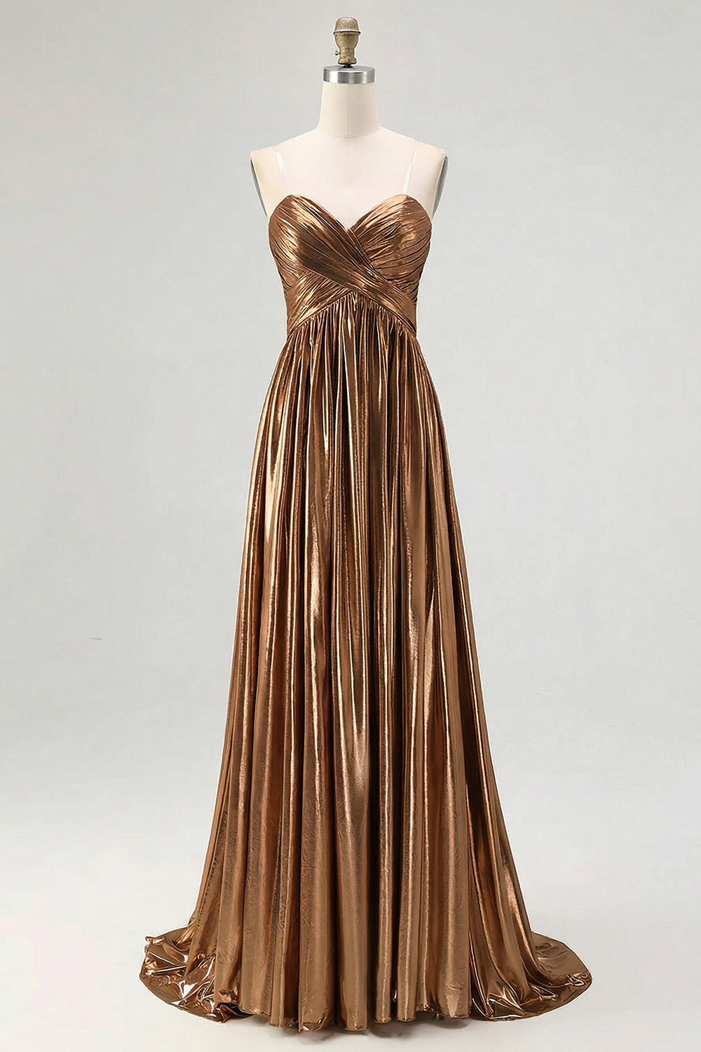 Gold Pleated Metallic Sweetheart A Line Long Prom Dress