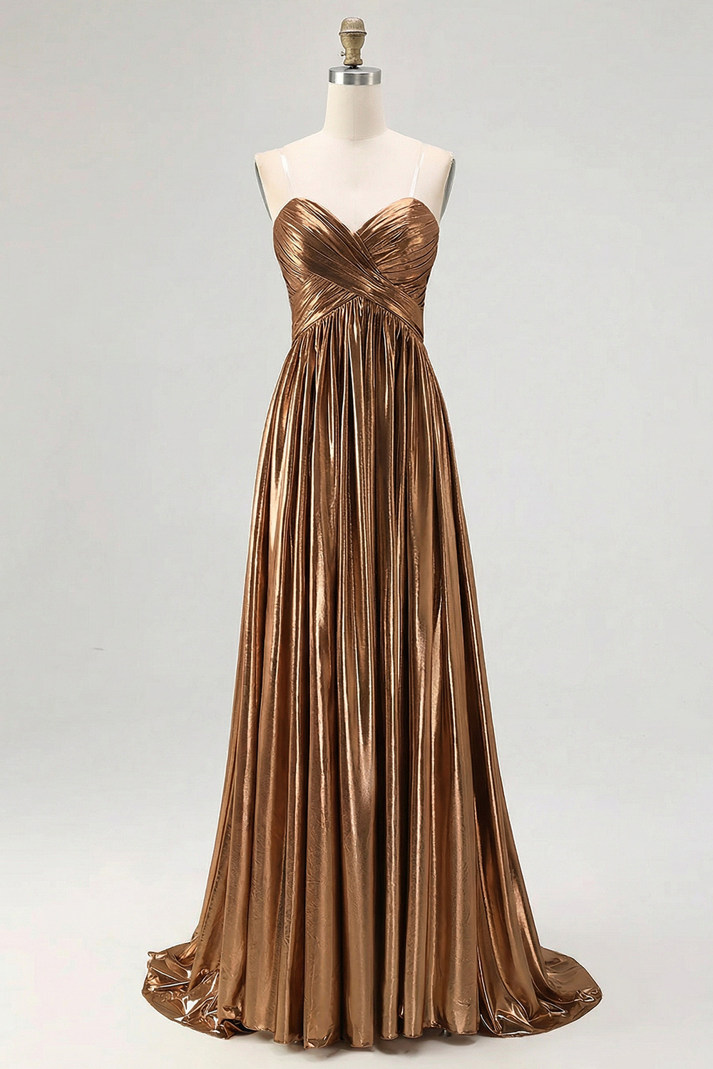 Gold Pleated Metallic Sweetheart A Line Long Prom Dress