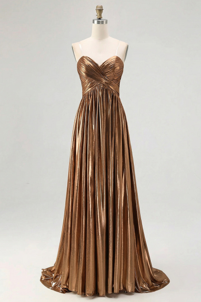 Gold Pleated Metallic Sweetheart A Line Long Prom Dress