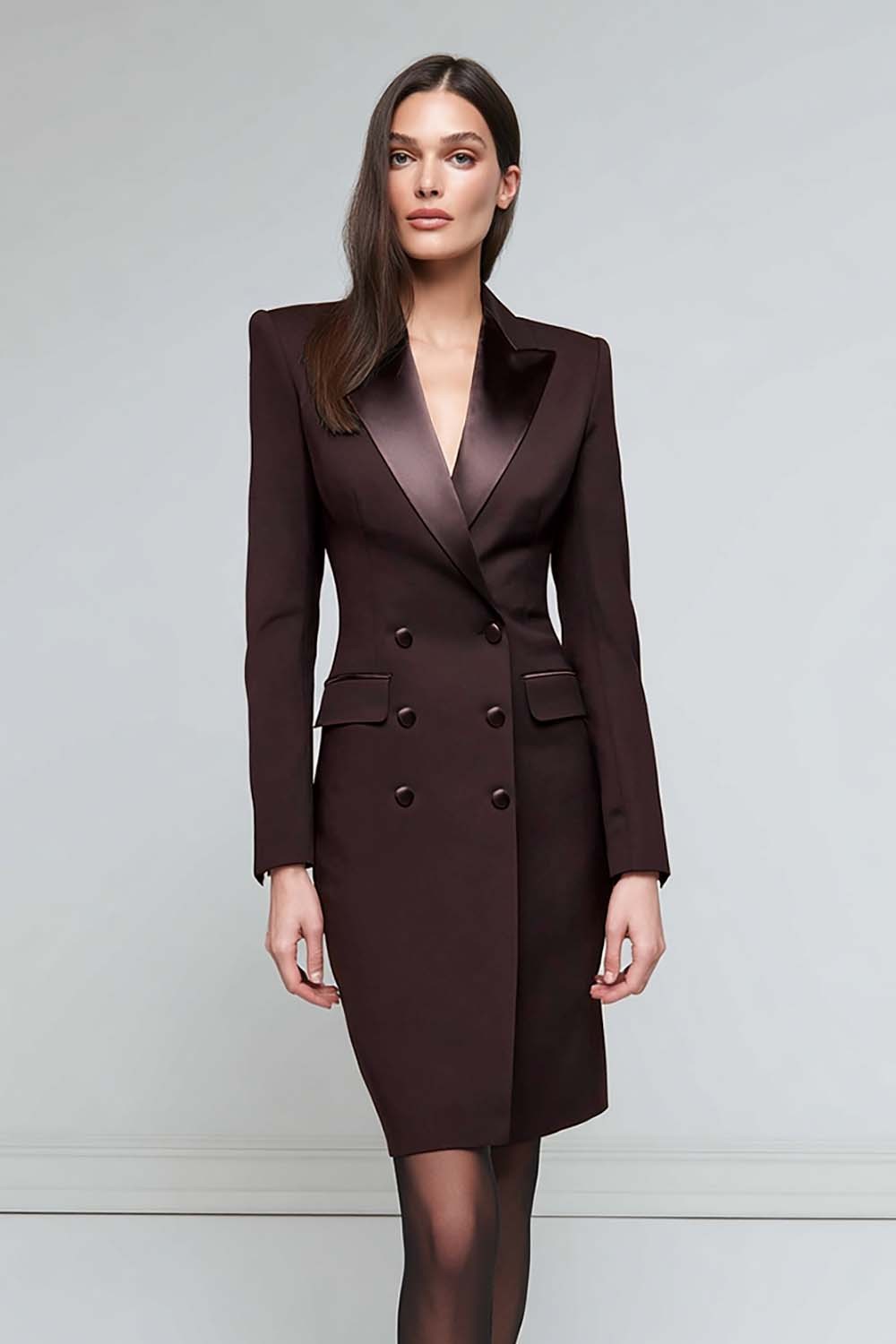 Pencil Short Black Satin Peak Lapel Blazer Dress with Sleeves