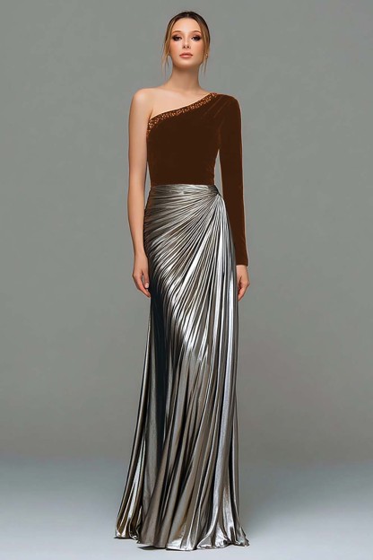 Metallic Black and Grey One Shoulder Velvet Long Holiday Party Dress