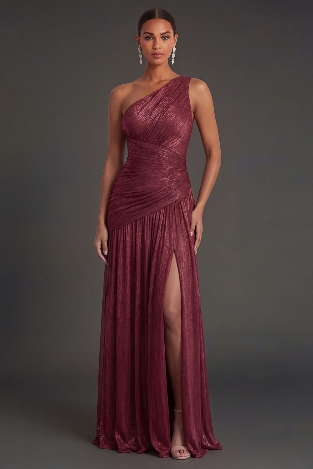 One Shoulder Gold Sheath Ruched Long Formal Dress with Slit