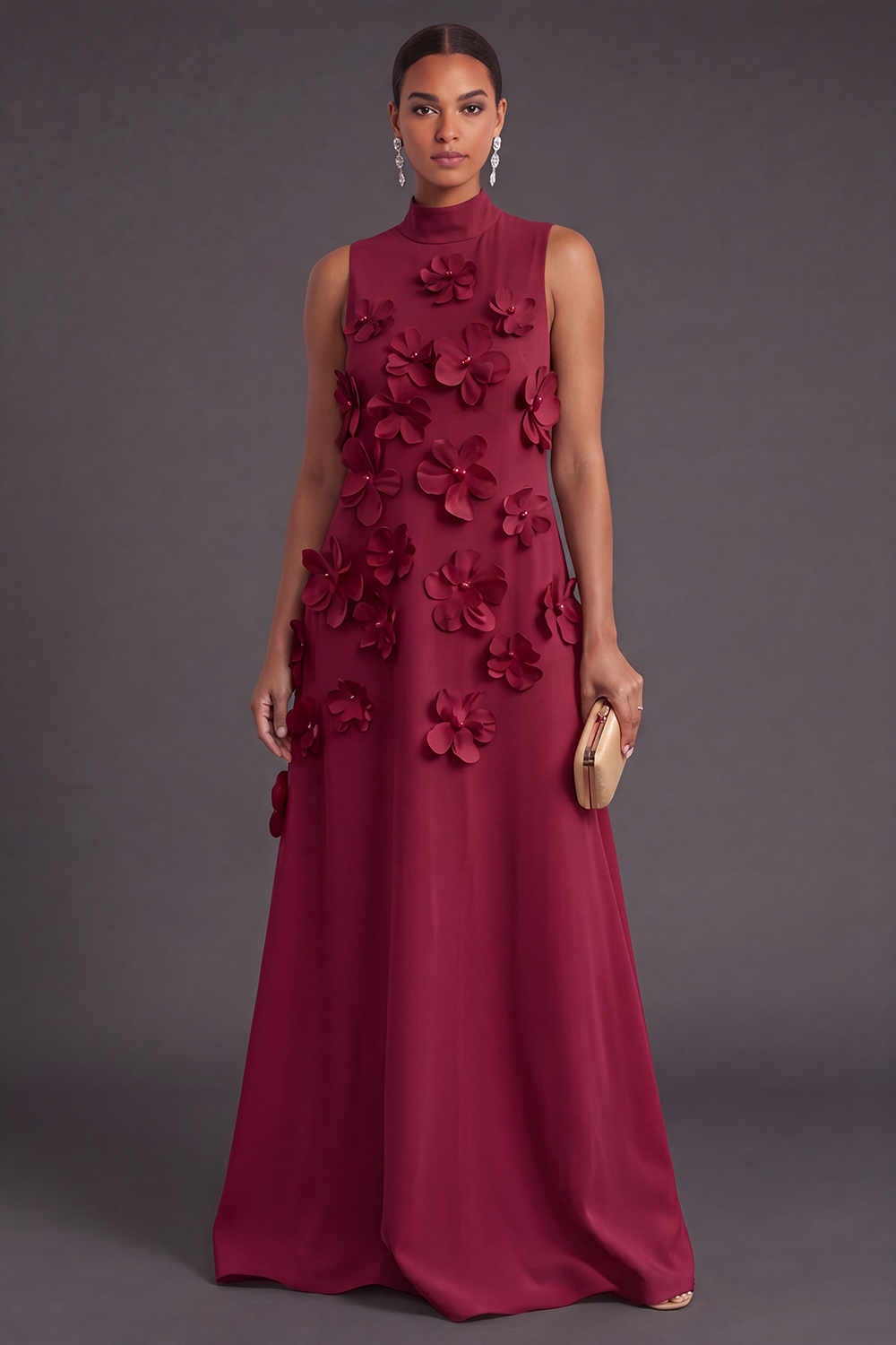 Blue Floral High Neck A Line Long Formal Dress