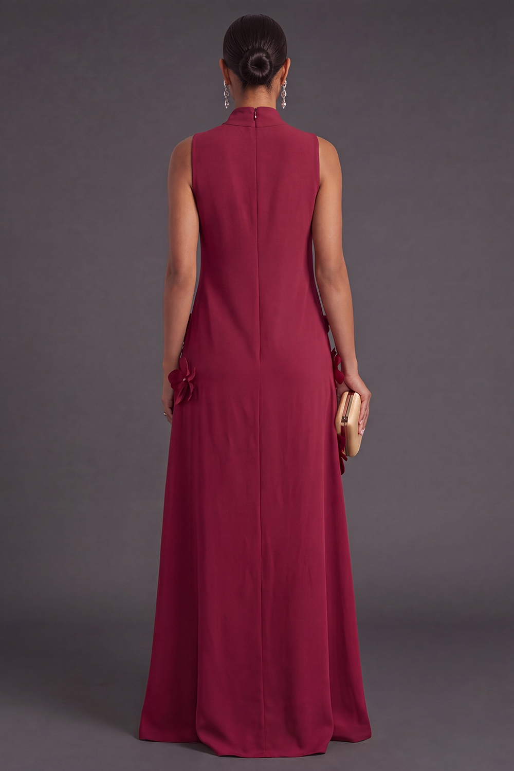 Blue Floral High Neck A Line Long Formal Dress