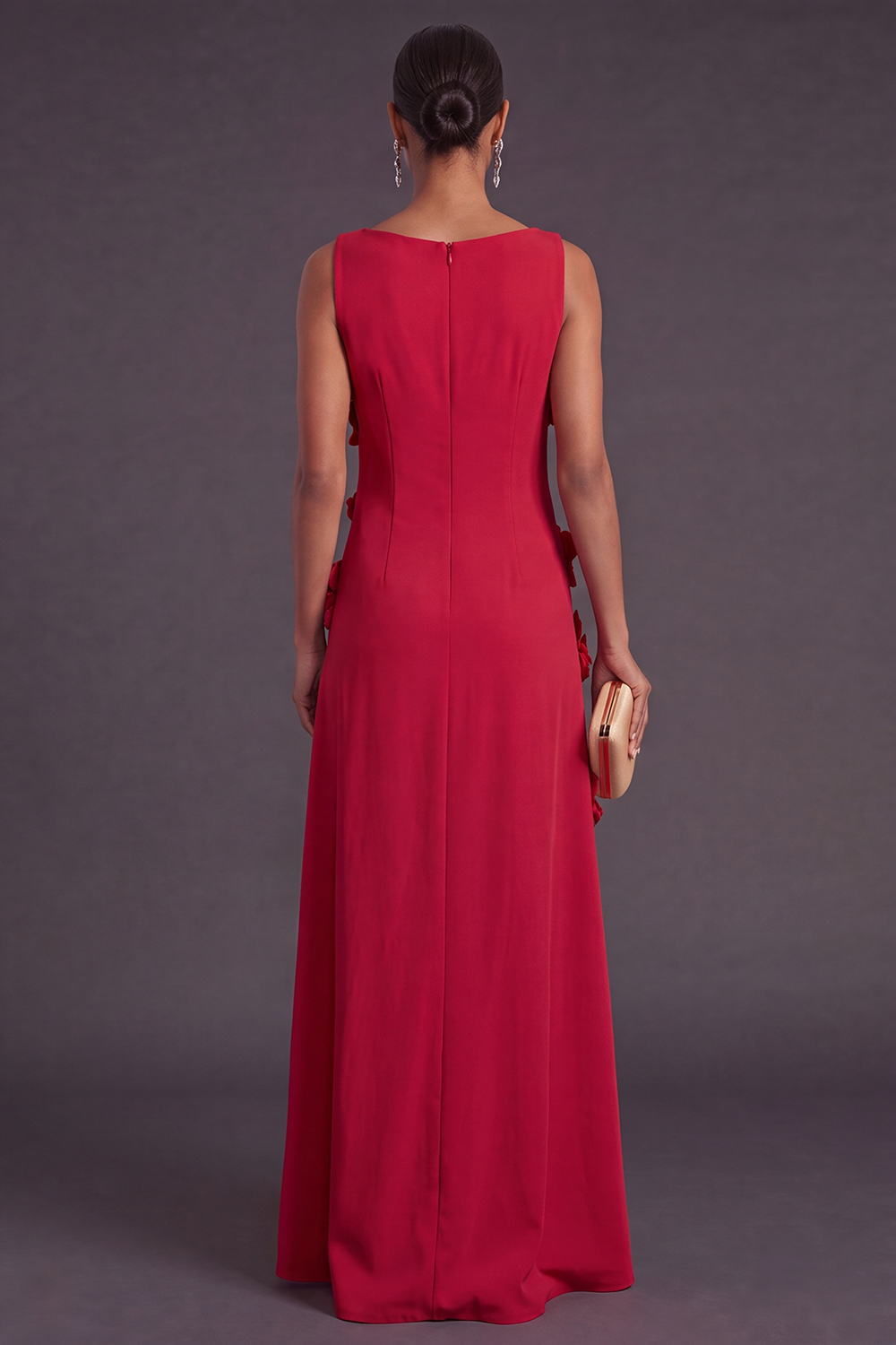 Hot Pink Floral Boat Neck A Line Long Formal Dress