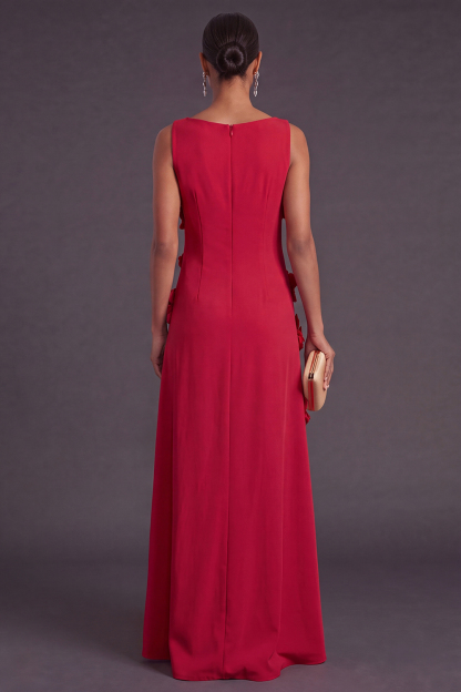 Hot Pink Floral Boat Neck A Line Long Formal Dress