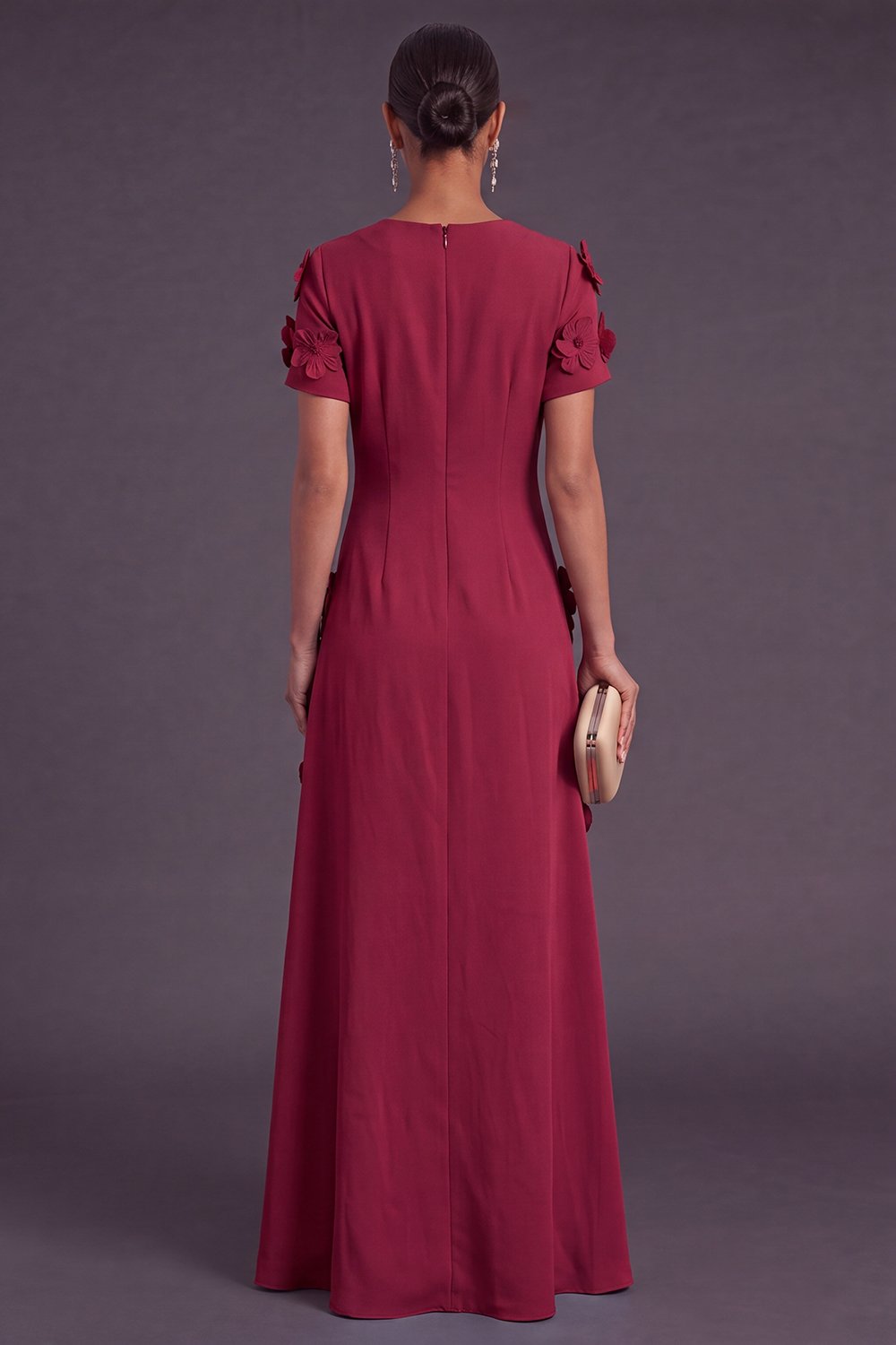 Blue Floral A Line Round Neck Long Formal Dress with Sleeves