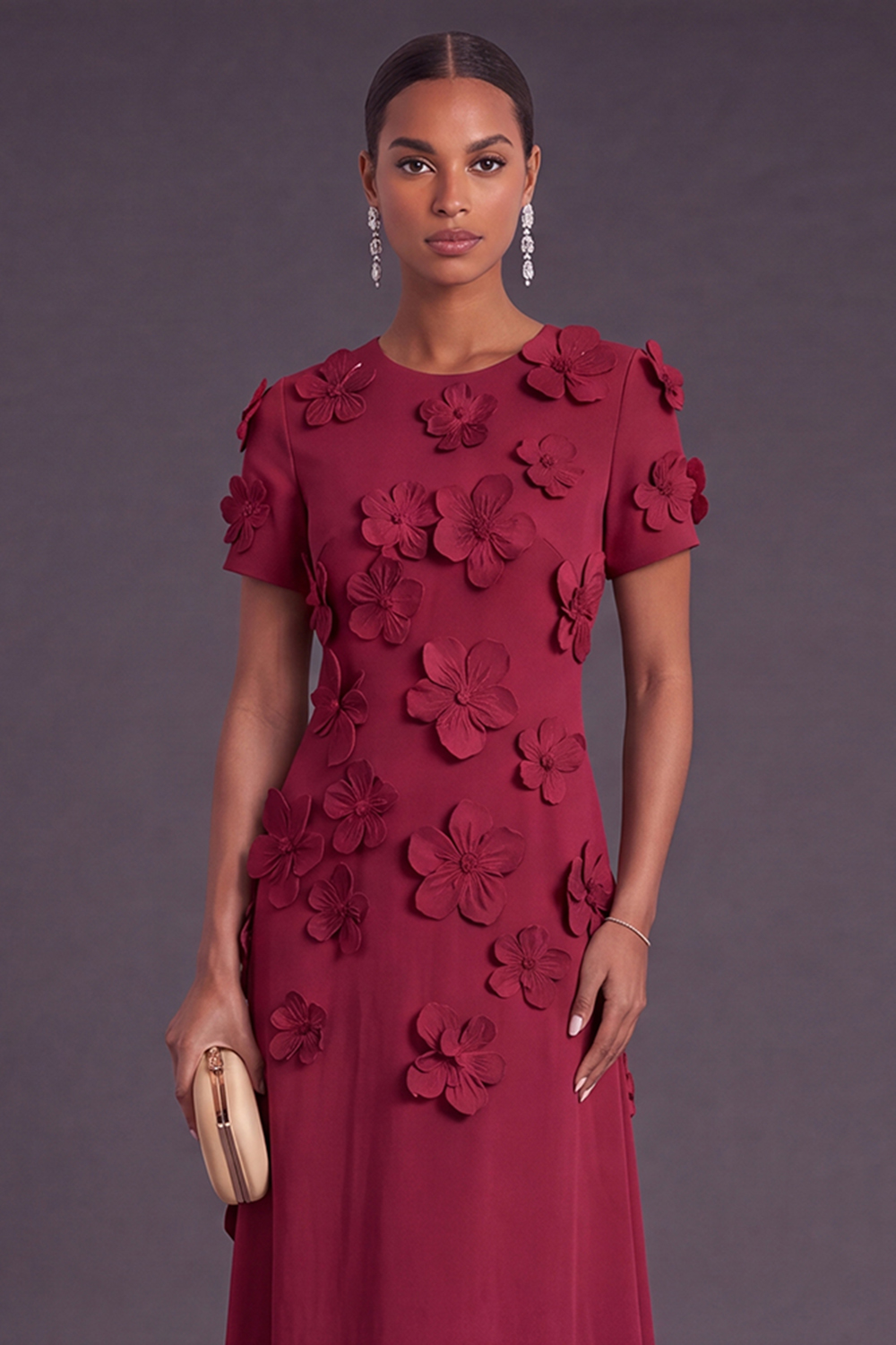 Blue Floral A Line Round Neck Long Formal Dress with Sleeves