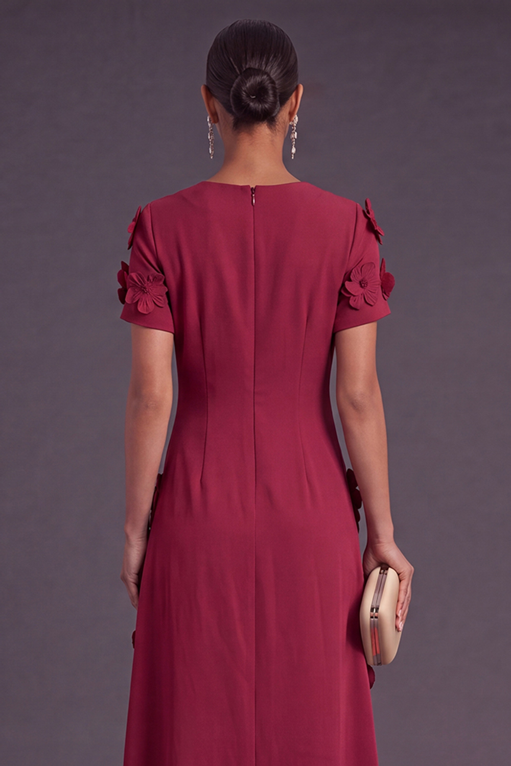Blue Floral A Line Round Neck Long Formal Dress with Sleeves