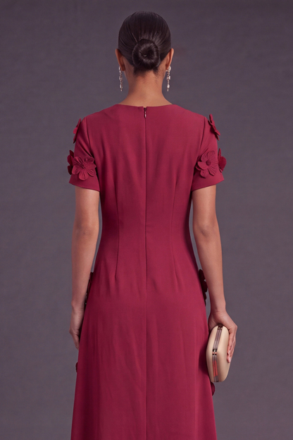 Blue Floral A Line Round Neck Long Formal Dress with Sleeves
