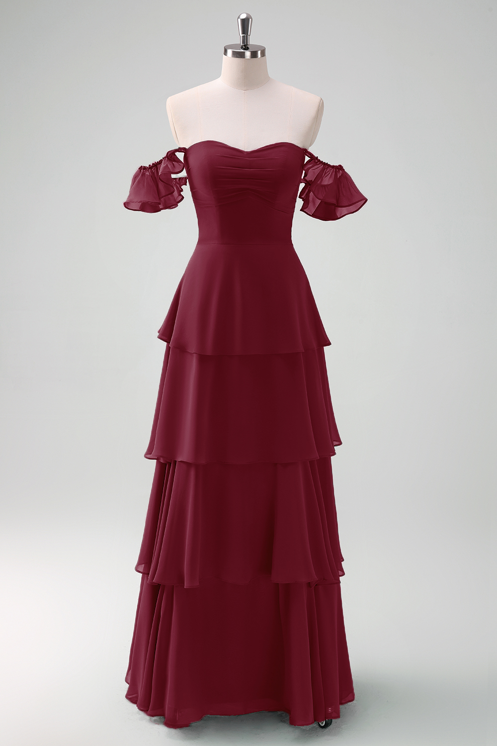 Eucalyptus Off the Shoulder Tiered Chiffon Bridesmaid Dress