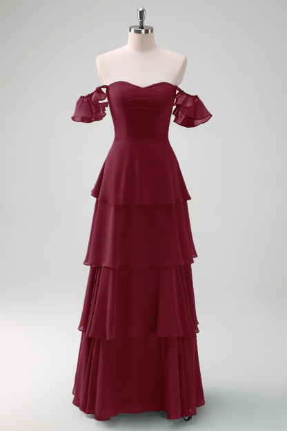 Eucalyptus Off the Shoulder Tiered Chiffon Bridesmaid Dress