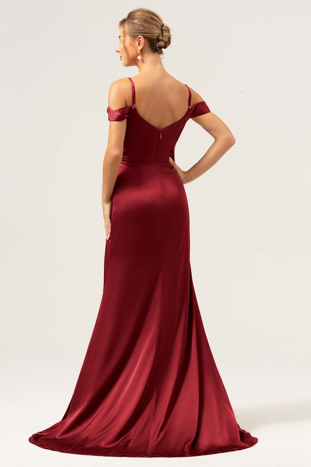 Coffee Cold Shoulder Satin Mermaid Wedding Party Dress with Slit