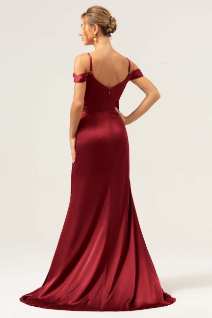 Coffee Cold Shoulder Satin Mermaid Wedding Party Dress with Slit