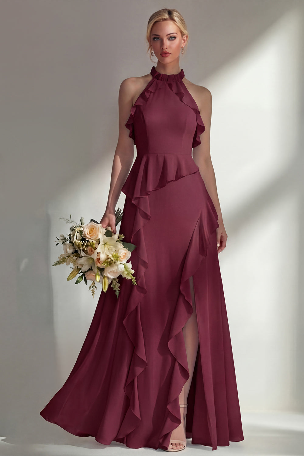 Butter Yellow Ruffled Halter Neck A Line Long Bridesmaid Dress with Slit