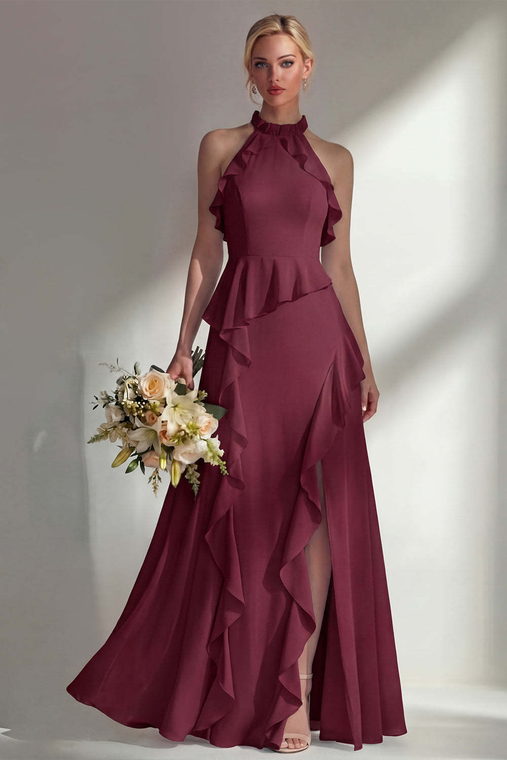Butter Yellow Ruffled Halter Neck A Line Long Bridesmaid Dress with Slit