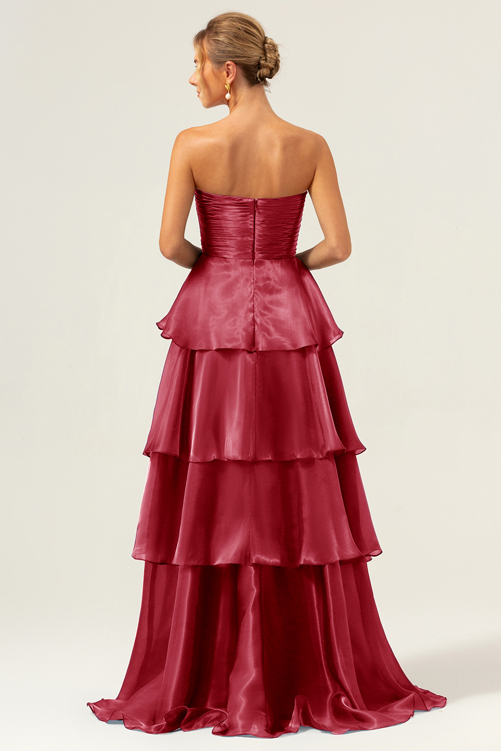 Dark Navy A Line Pleated Strapless Tiered Satin Bridesmaid Dress