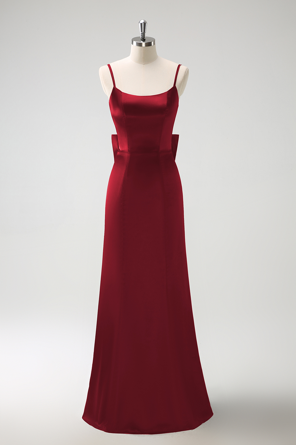 Black Mermaid Spaghetti Straps Ruffed Bow Back Satin Long Bridesmaid Dress