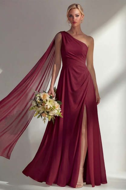 Burgundy One Shoulder Backless Ruched Long Bridesmaid Dress with Slit