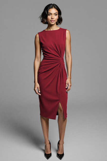 Royal Blue Satin Bodycon Ruched Midi Work Dress with Slit