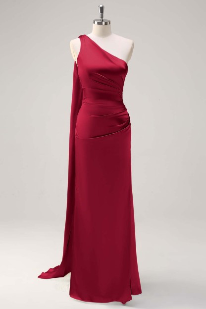 Sage One Shoulder Sheath Satin Watteau Train Bridesmaid Dress