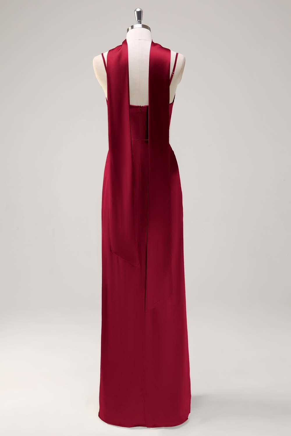 Sage Scoop Neck Sheath Satin Bridesmaid Dress with Ribbon