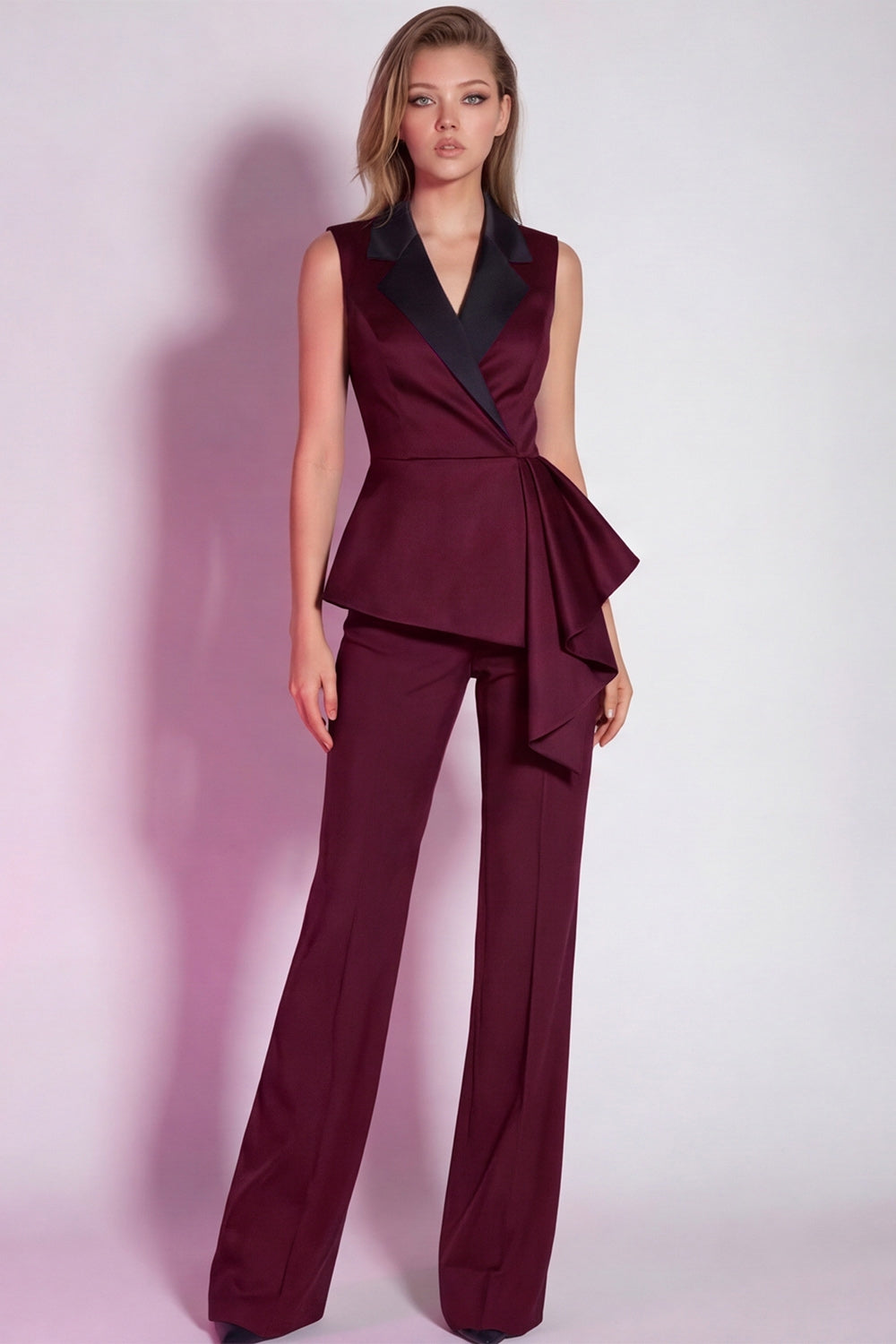 Leely Women Burgundy 2 Piece Business Suits with Drape Notched Lapel Slim Fit Work Pantsuits