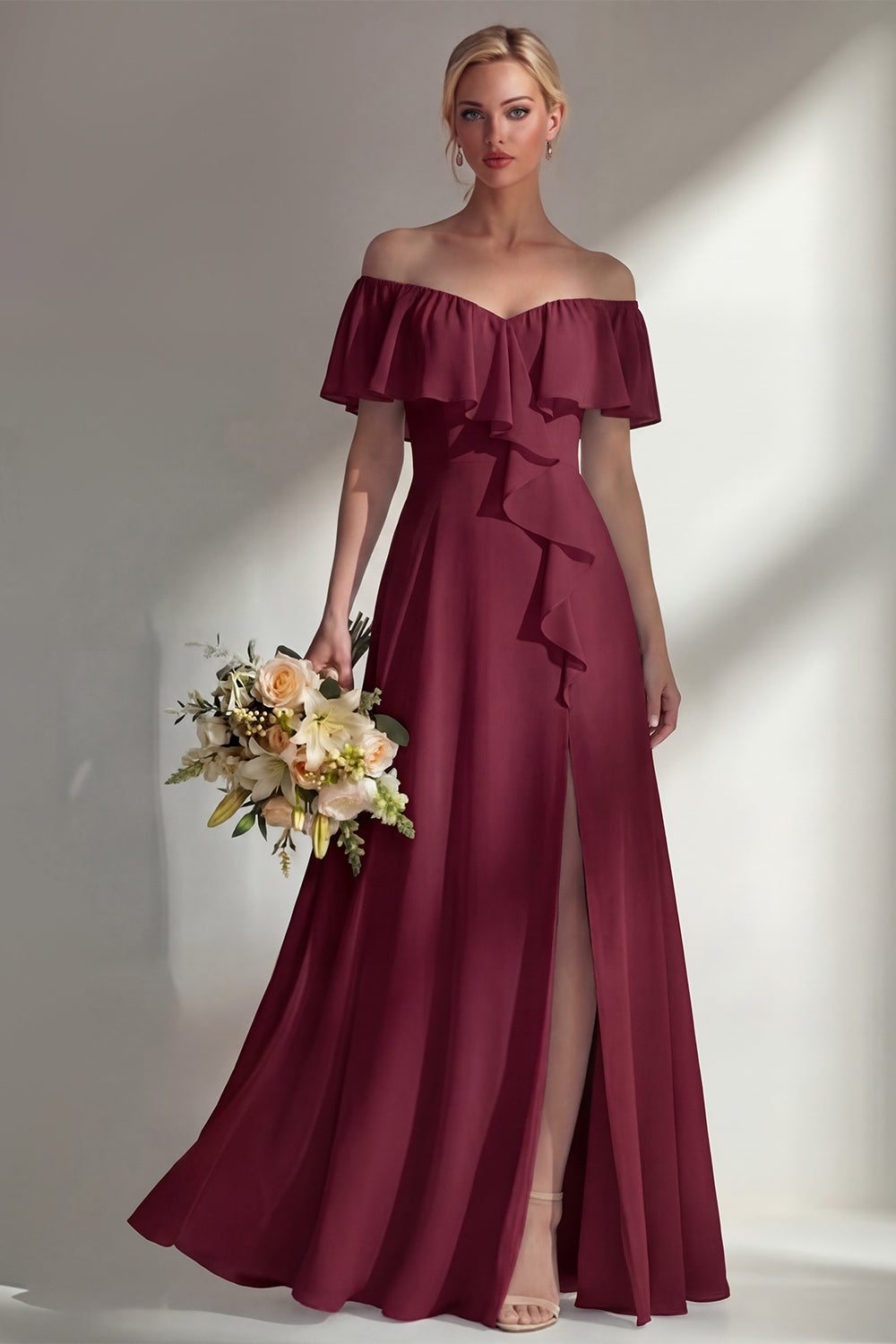 A Line Burgundy Ruffed Off the Shoulder Long Bridesmaid Dress with Slit