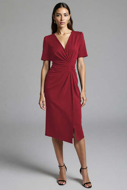 Navy Bodycon V-Neck Satin Midi Work Dress with Sleeves