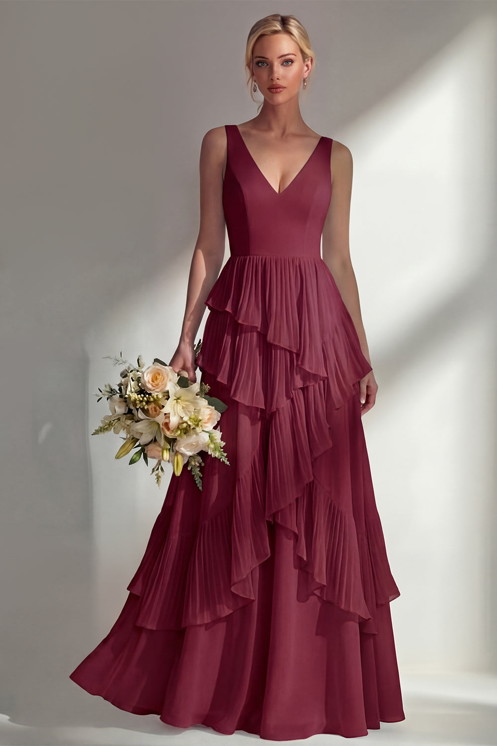 Sea Glass V Neck Ruffled Sleeveless Long Bridesmaid Dress