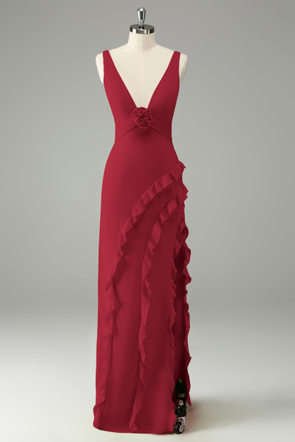 Lime Deep V Neck Ruffles Wedding Guest Dress with Slit