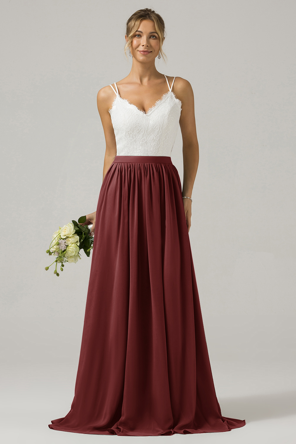 Eucalyptus A-Line Spaghetti Straps Pleated Long Bridesmaid Dress With Lace