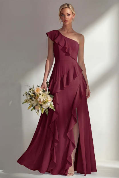 Emerald A Line Ruffled One Shoulder Long Bridesmaid Dress with Slit