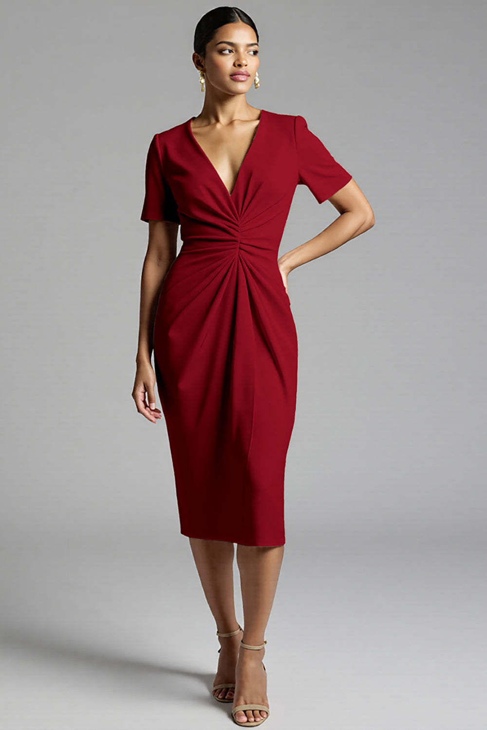 Champagne V-Neck Bodycon Midi Satin Work Dress with Sleeves