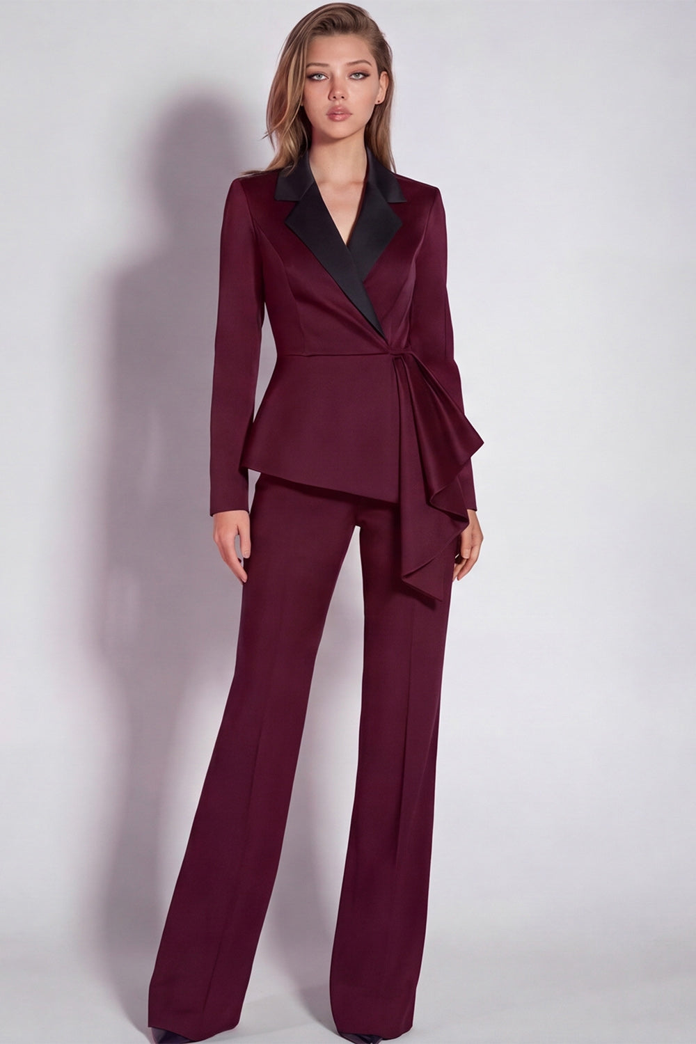 Leely Women Long Sleeves Burgundy 2 Piece Business Suits with Drape Notched Lapel Slim Fit Work Pantsuits