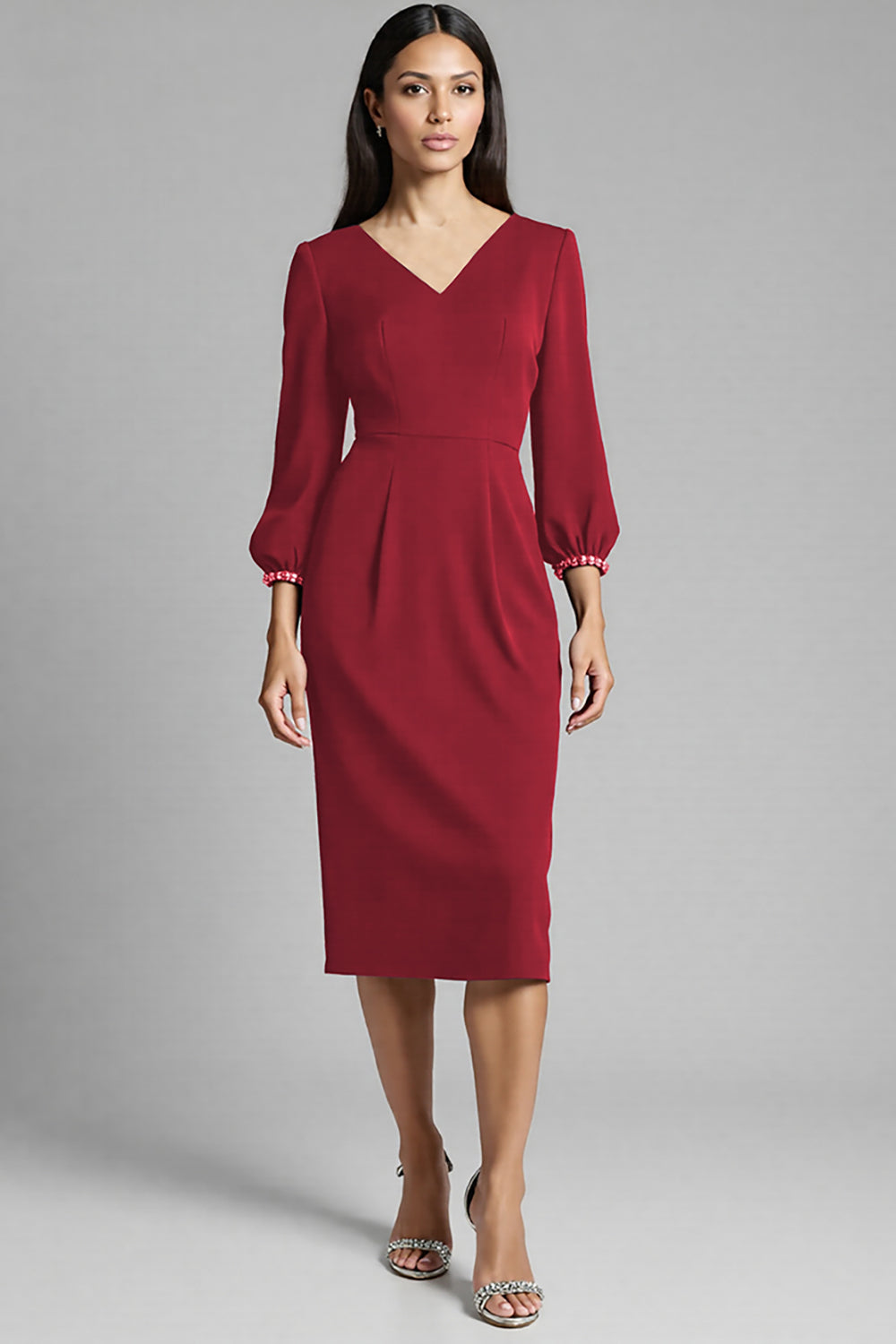 Navy Satin Bodycon V-Neck Midi Work Dress