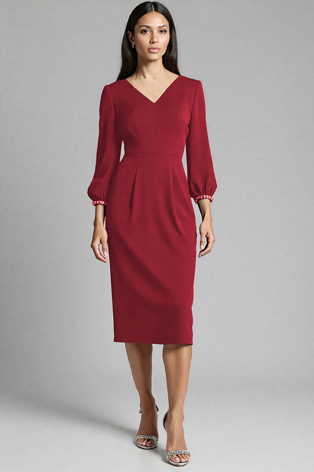 Navy Satin Bodycon V-Neck Midi Work Dress