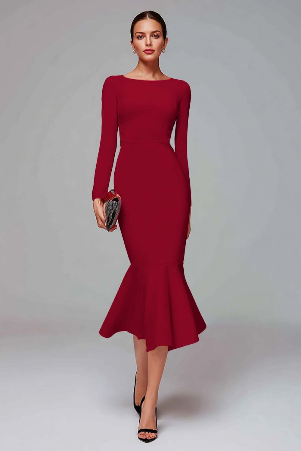 Elegant Midi Red Mermaid Long Sleeves Work Dress