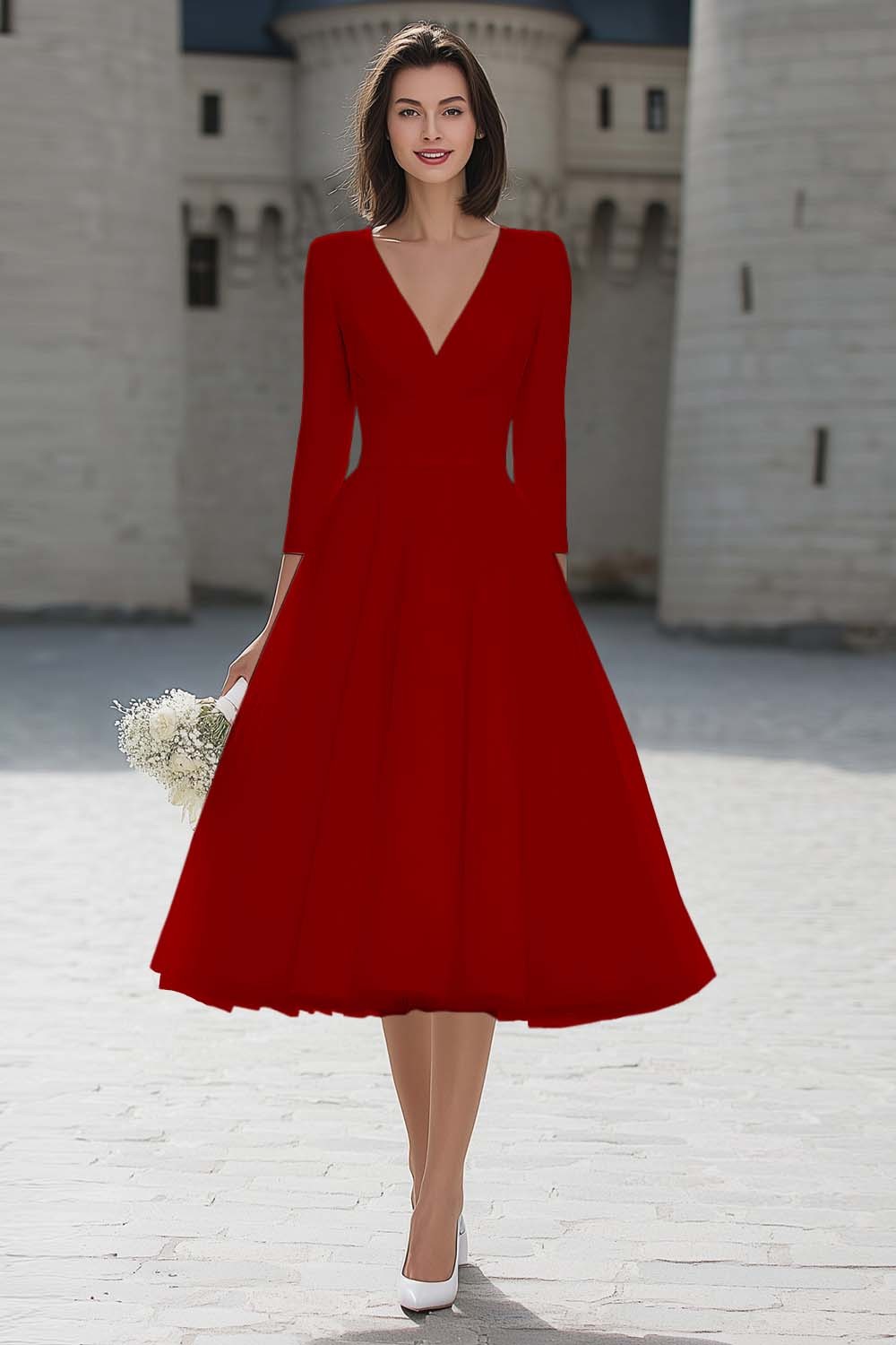 Ivory V-Neck A Line Midi Simple Wedding Dress with Sleeves