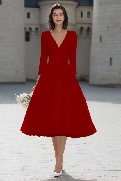 Ivory V-Neck A Line Midi Simple Wedding Dress with Sleeves