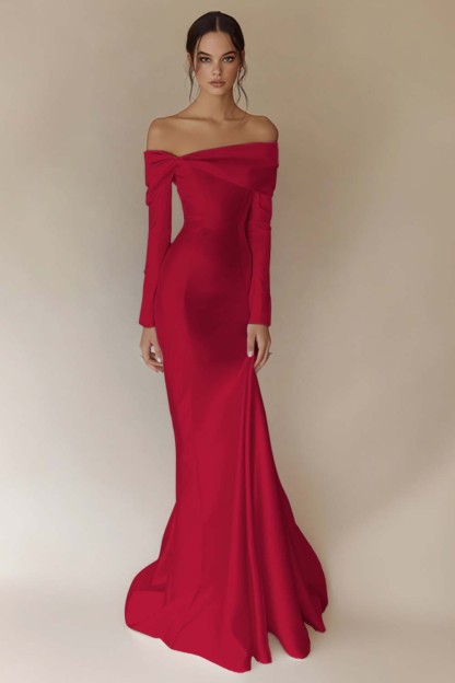 White Satin Off the Shoulder Sheath Maxi Rehearsal Dinner Dress with Sleeves