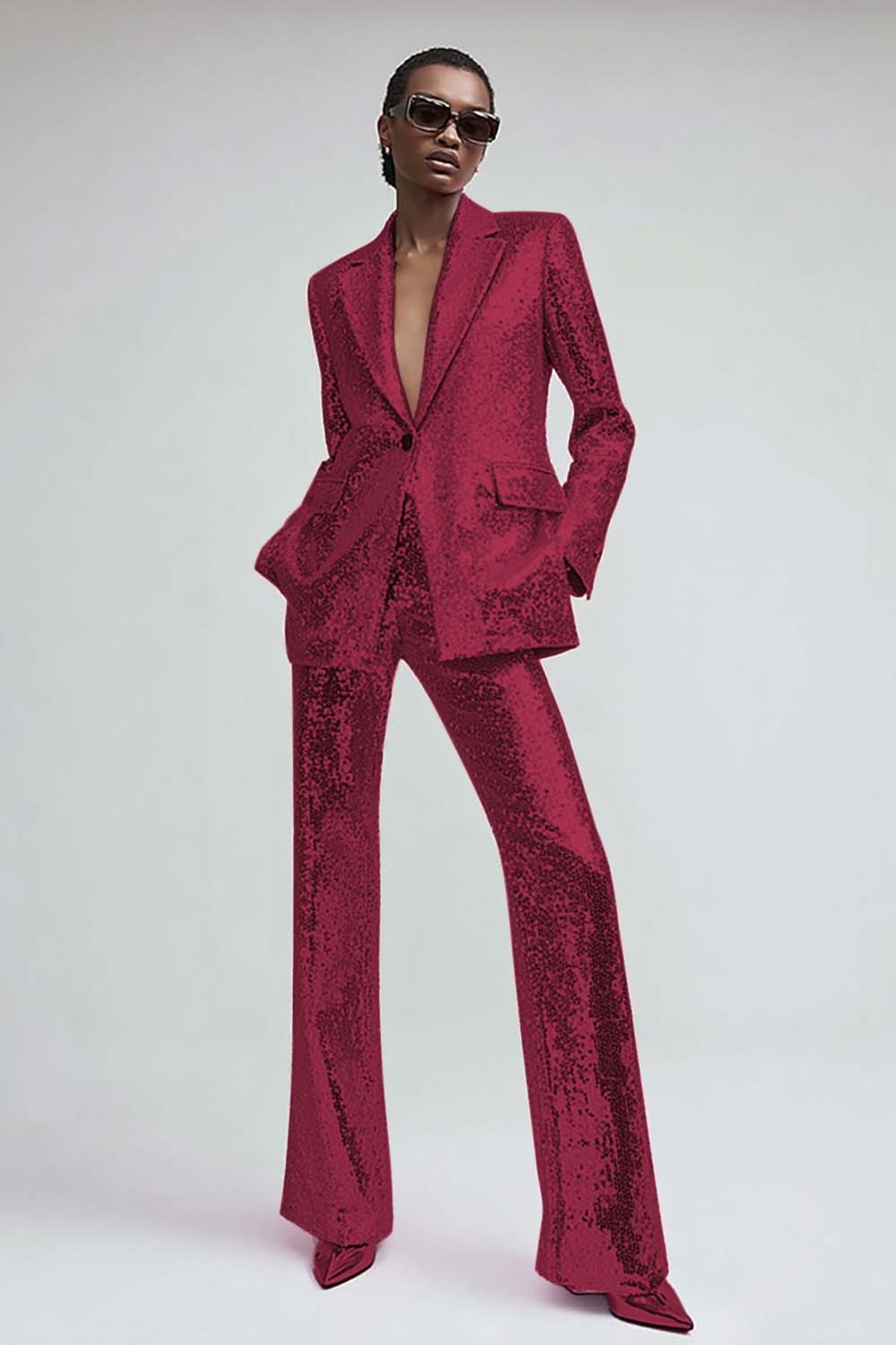 Sparkly Pink 2 Piece Sequins One Button Women Prom Suits with Pockets