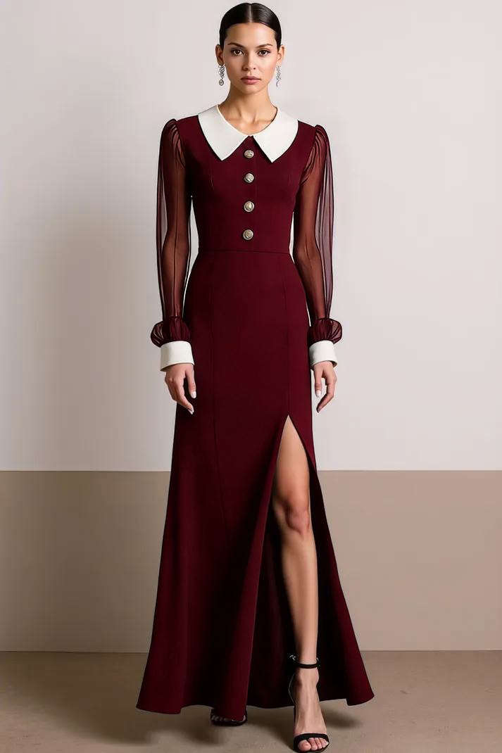 Black White Collar Neck Long Formal Dress with Slit