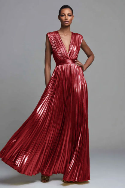 Gold V-Neck A Line Metallic High Waist Pleated Long Formal Dress