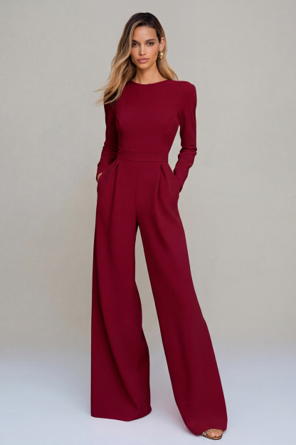 Black Crew Neck Open Back Formal Jumpsuits with Sleeves