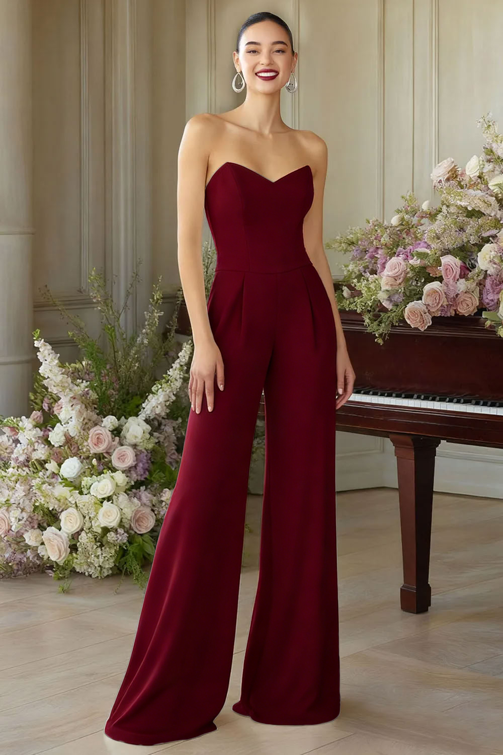 White Sweetheart Wide Leg Formal Jumpsuits