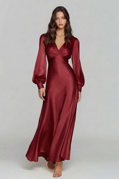 Champagne V-Neck Backless Satin Long Sleeves Evening Dress